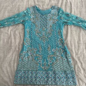 Blue Gold White Pakistani Indian Dress - 3 piece